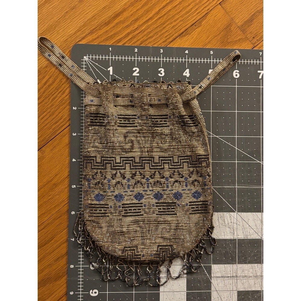 Antique Art Deco flapper Beaded Reticule Drawstring Bag Silver Blue 1920s era - Picture 4 of 8